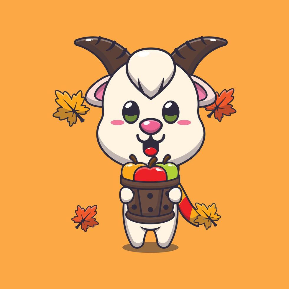 Cute goat holding a apple in wood bucket cartoon illustration. vector