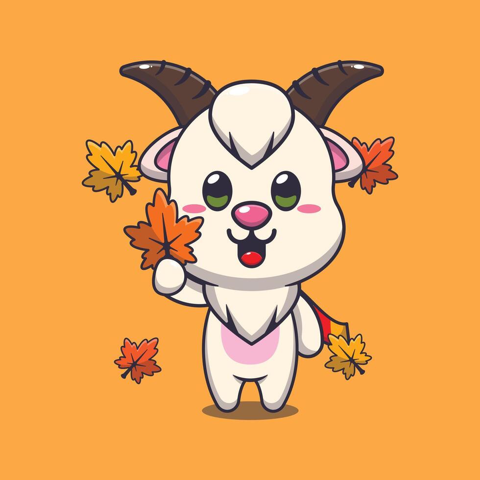 Cute goat holding autumn leaf cartoon illustration. vector