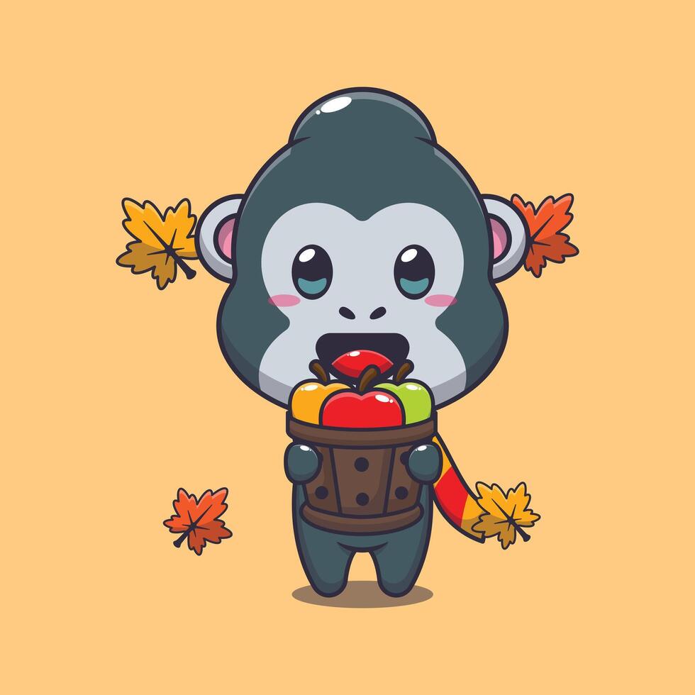 Cute gorilla holding a apple in wood bucket cartoon illustration. vector