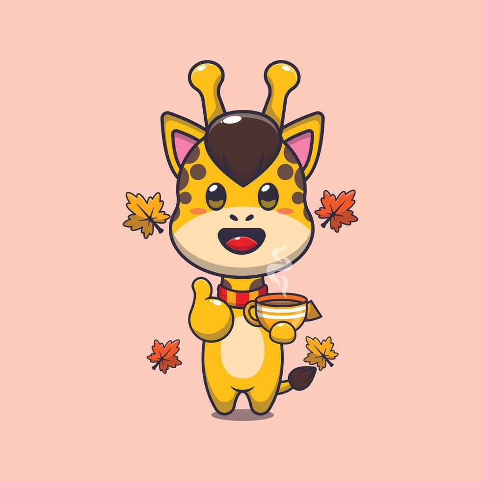 Cute giraffe with coffee in autumn season cartoon illustration. vector