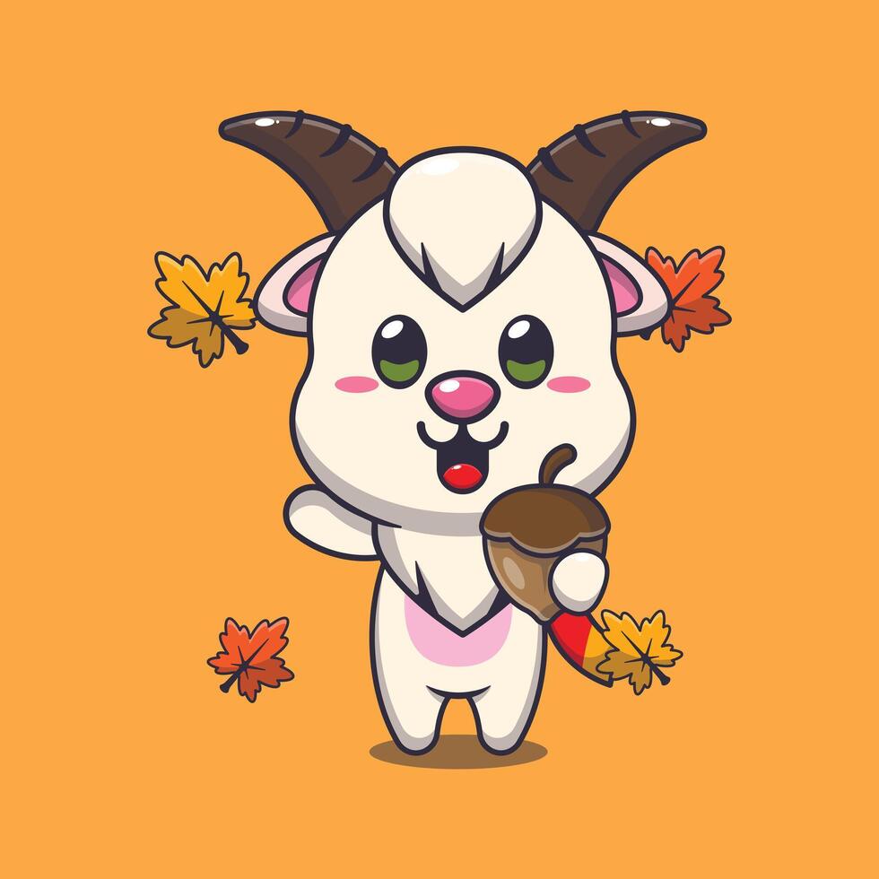 Cute goat with acorns at autumn season cartoon illustration. vector