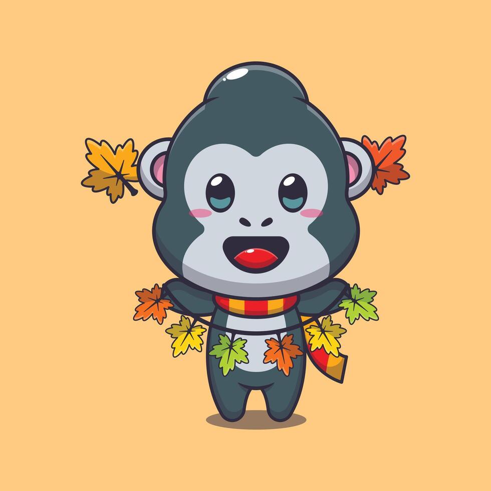 Cute gorilla with autumn leaf decoration cartoon illustration. vector