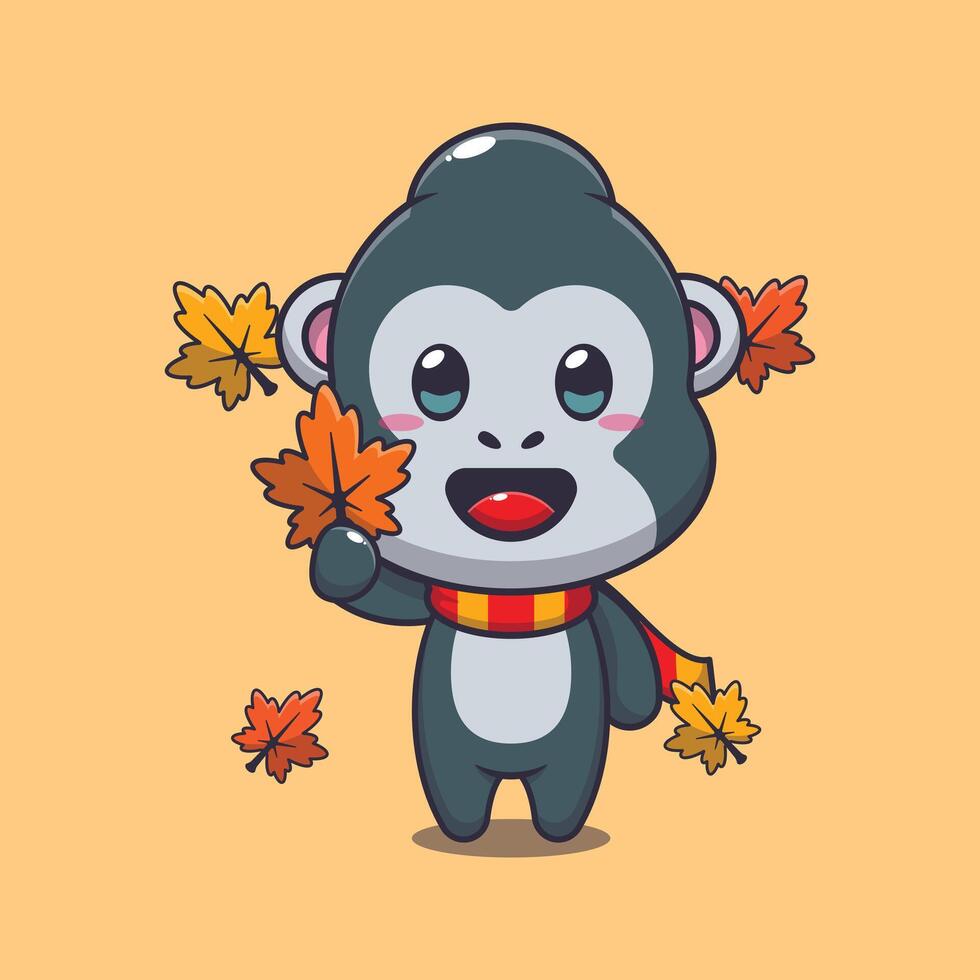 Cute gorilla with acorns at autumn season cartoon illustration. vector