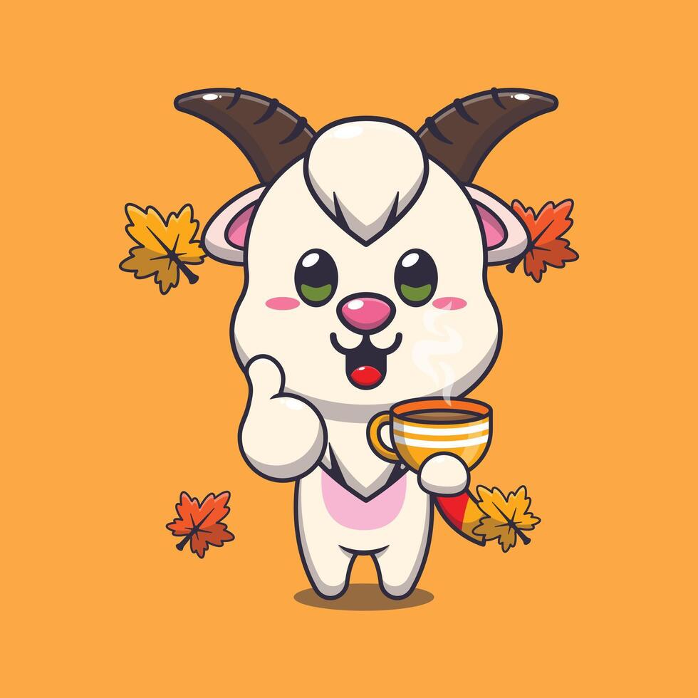 Cute goat with coffee in autumn season cartoon illustration. vector