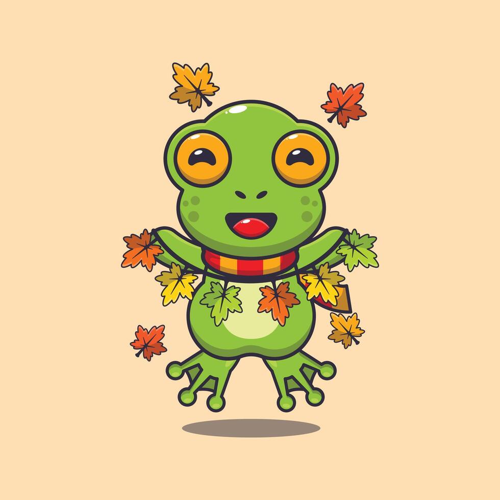 Cute frog with autumn leaf decoration cartoon illustration. vector