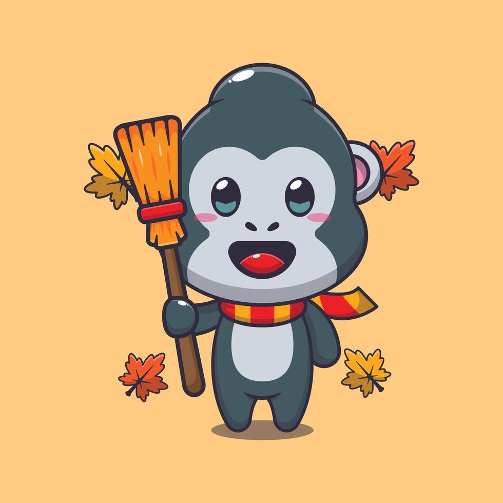 Cute autumn gorilla holding broom cartoon illustration. vector