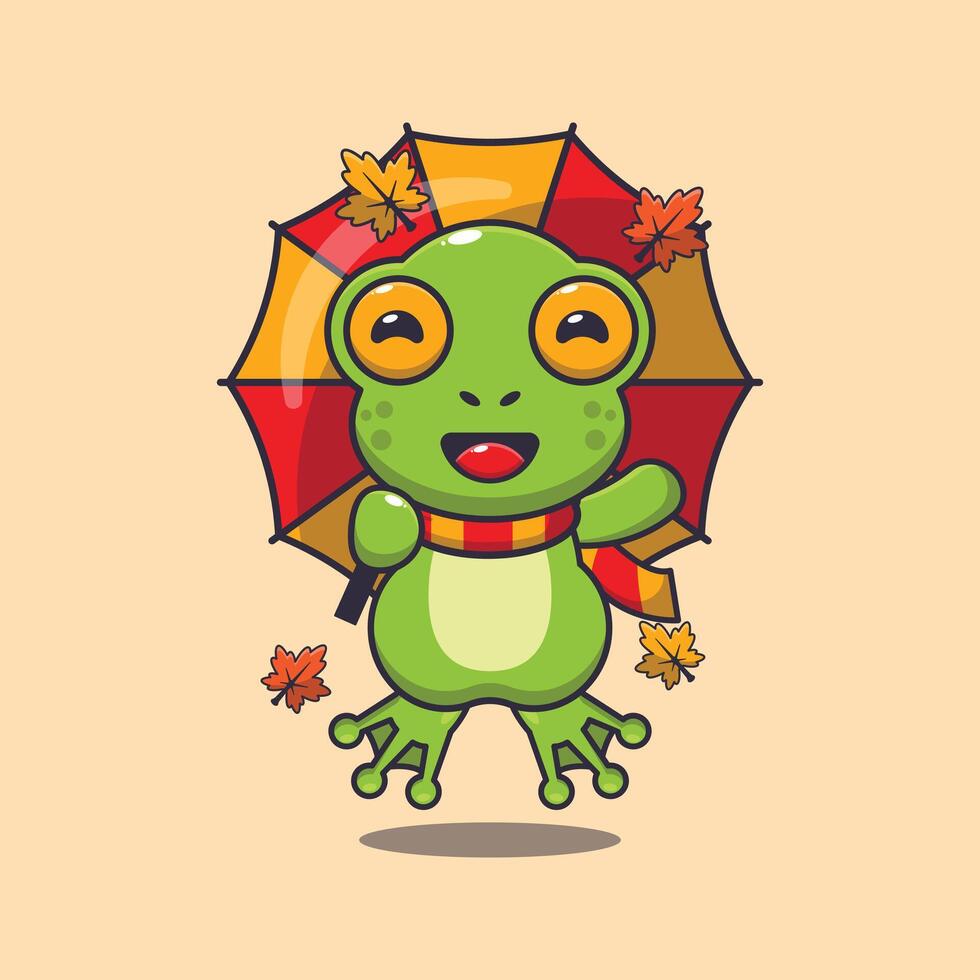 Cute frog with umbrella at autumn season cartoon illustration. vector