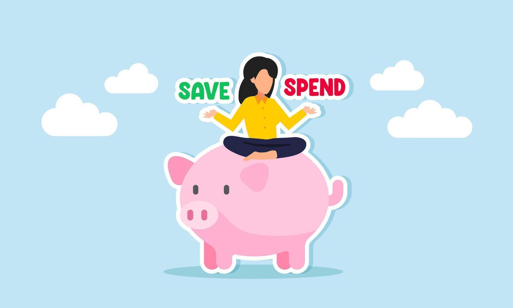 Financial choice save or spend, invest or pay debt, upon receiving bonus or extra income, concept of Skeptical woman seated on piggy bank, weighing choices between saving and spending vector