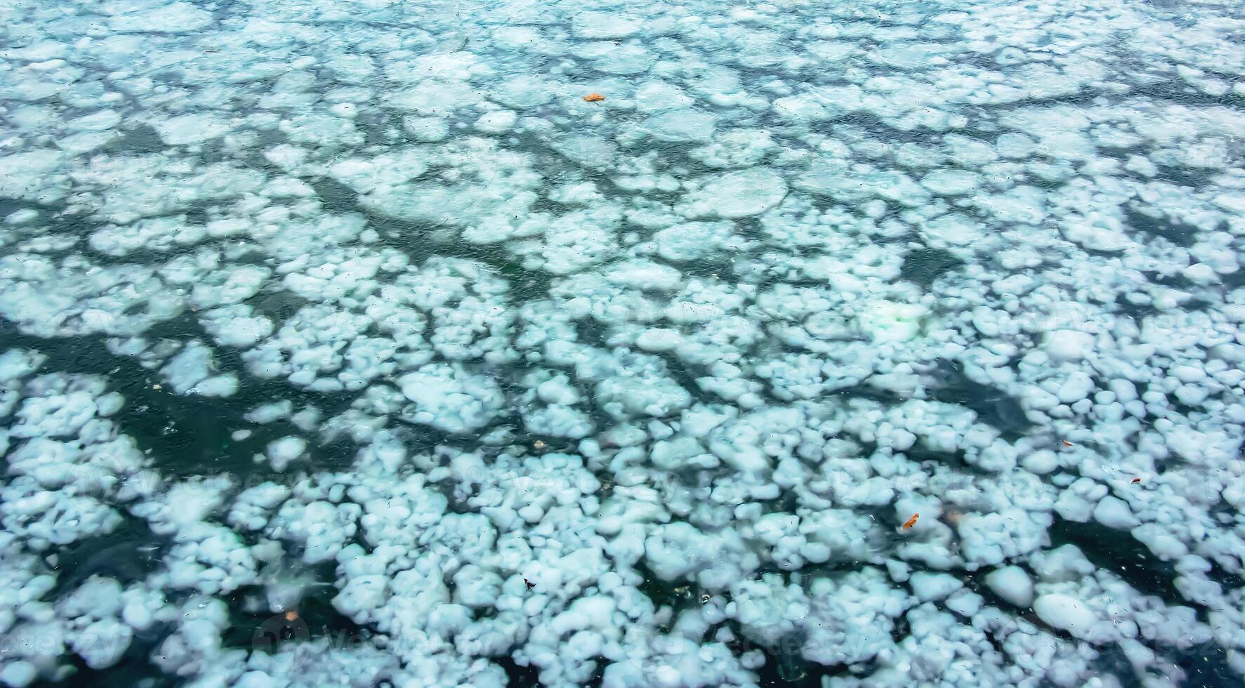 Ice surface of the river. Texture of ice shards and water. Winter background photo