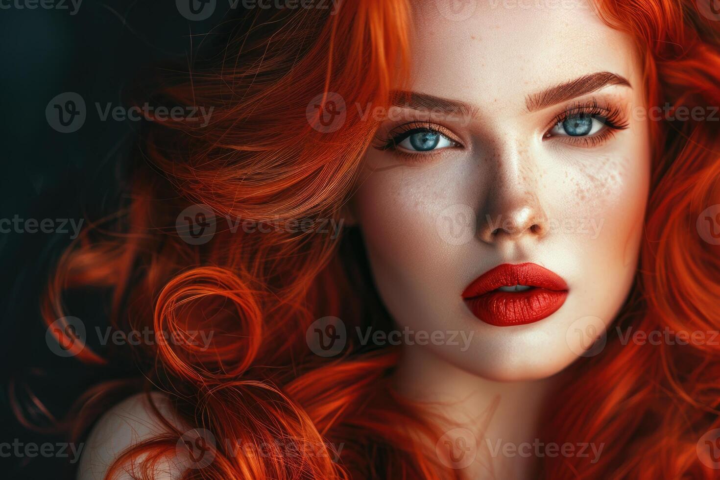 Moda retrato de mujer con largo Rizado rojo cabello. foto