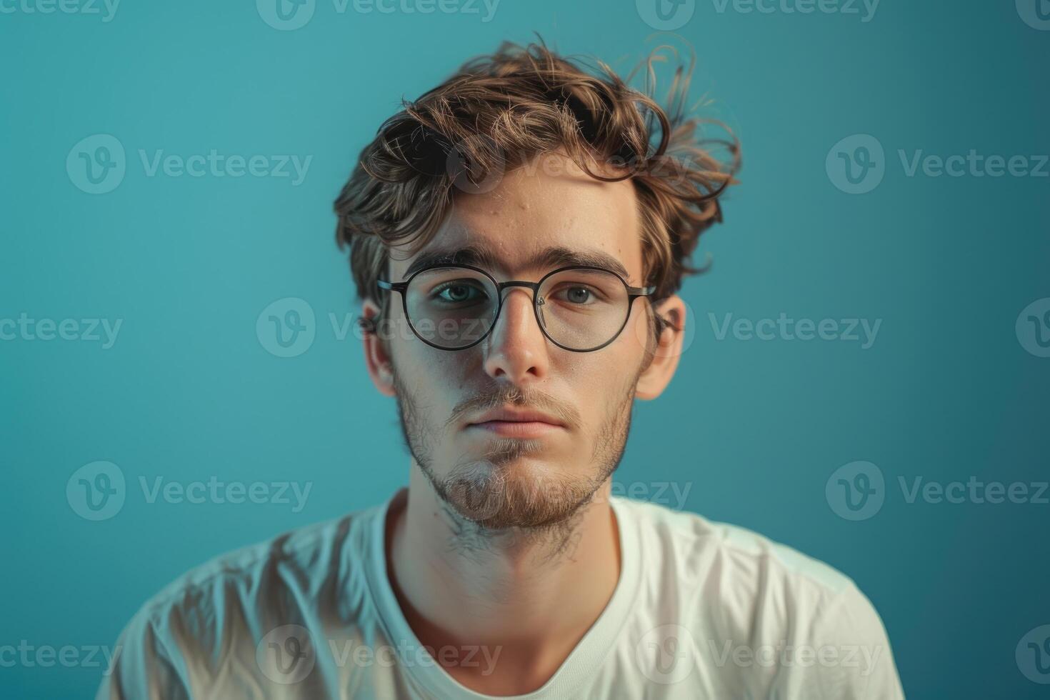 Portrait of a young man with glasses in a studio on a blue background. photo