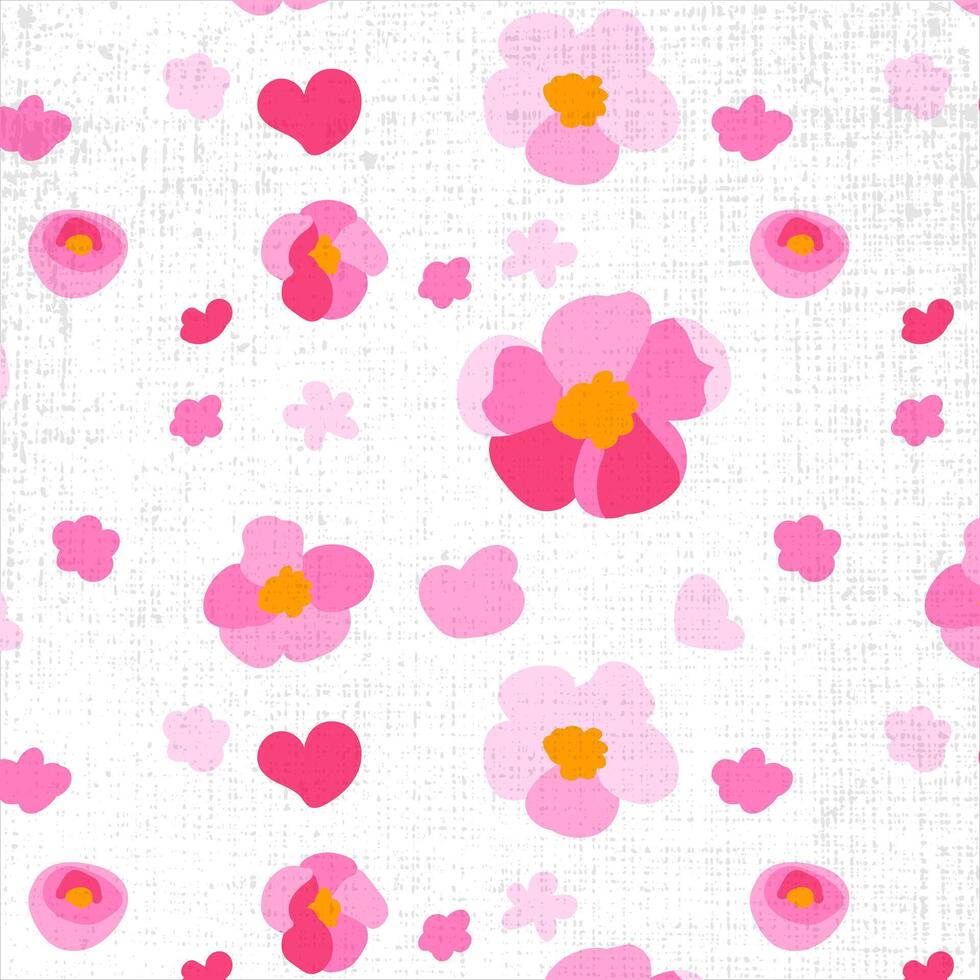 Seamless pattern traditional sakura flowers white background Texture hand drawn Folk pink daisy petals Bright ornament illustration vector