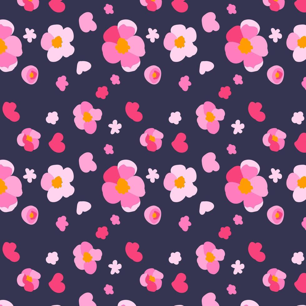 Seamless pattern sakura flowers dark background Texture hand drawn Pink cherry petals Bright ornament illustration vector