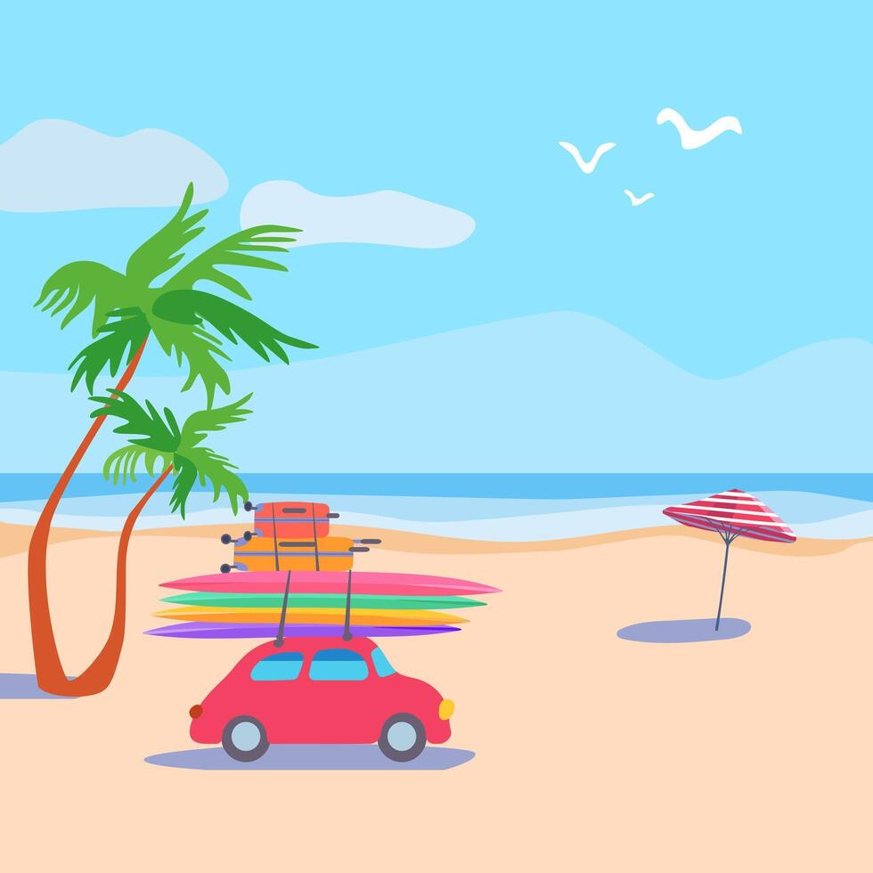 Summer sea Ocean shore Car suitcases surfboard Beach striped umbrella. Marine poster banner Tropical coast palm tree. Retro vector