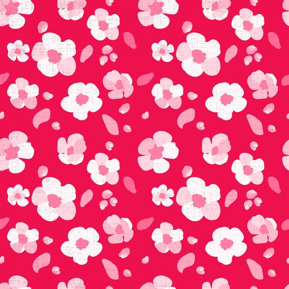 Seamless pattern traditional sakura flowers red background Texture hand drawn Folk white petals green daisy leaves Bright ornament illustration vector