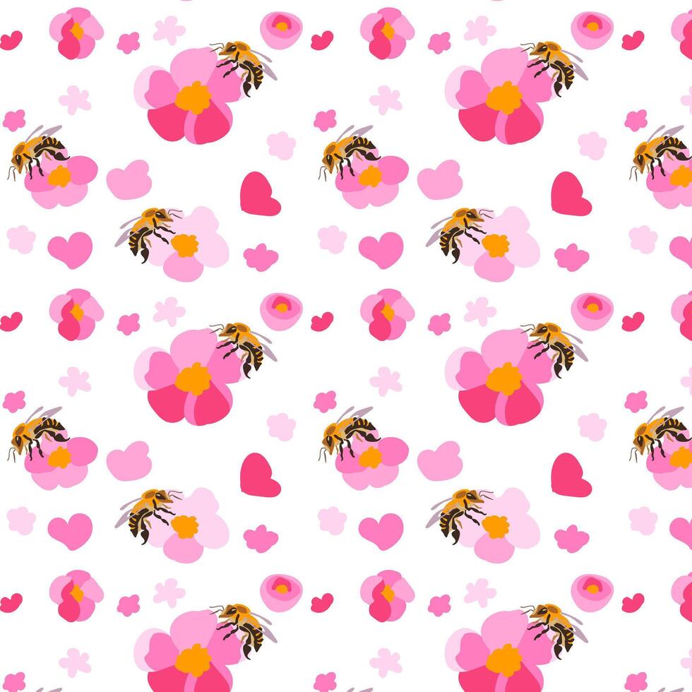 Seamless pattern sakura flowers bee white background Texture hand drawn Pink daisy petals folk Bright ornament illustration vector