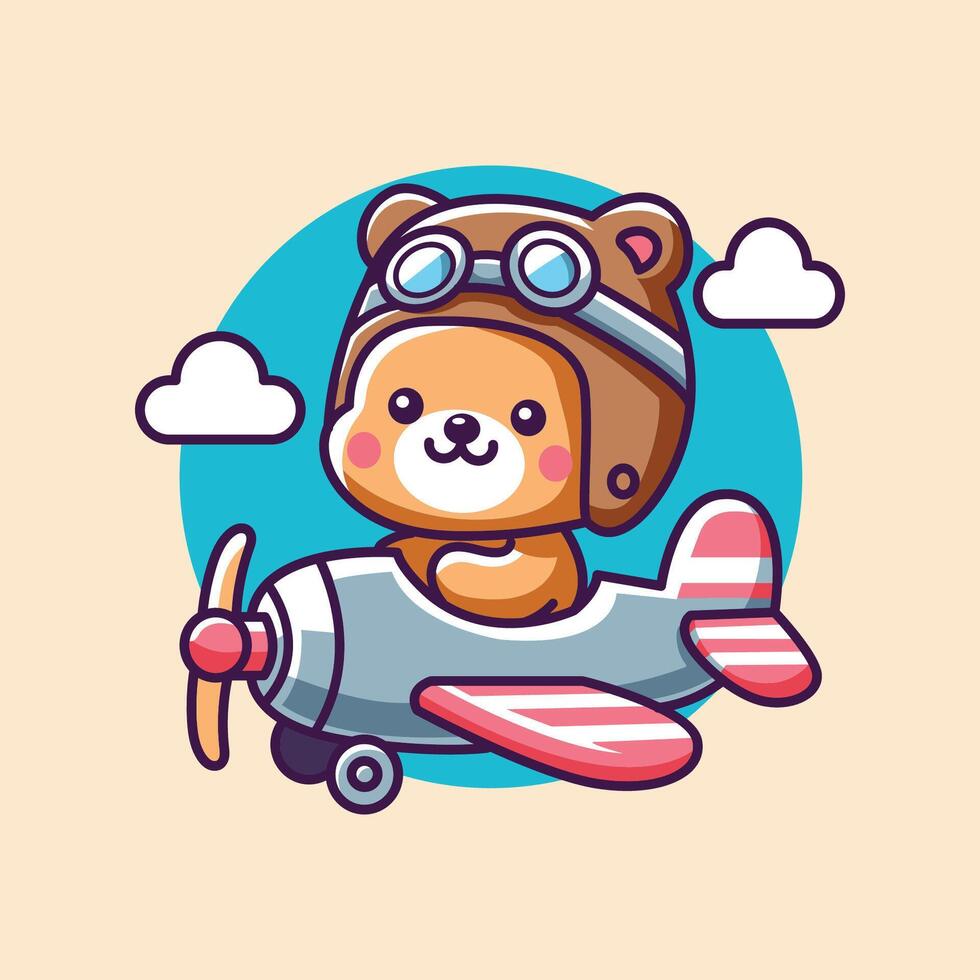 illustration of a cute bear driving a plane vector