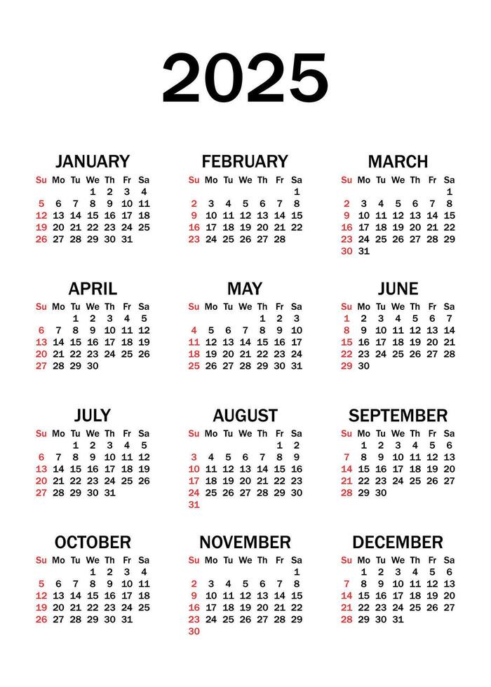 Calendar 2025 in a Minimalist Style. The Week Starts on Sunday. Annual Calendar 2025 Template. Business Calendar. vector