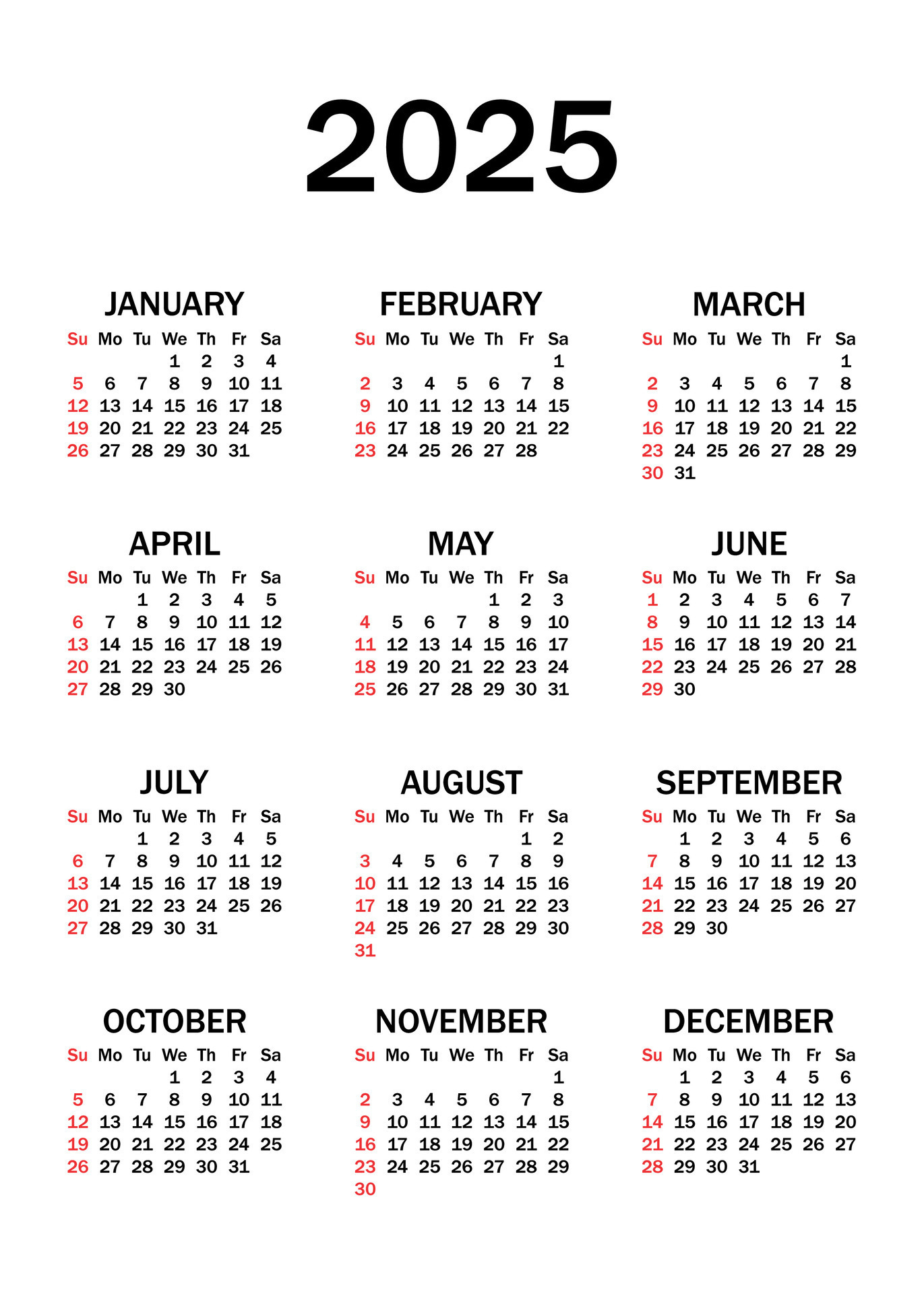 Calendar 2025 in a Minimalist Style. The Week Starts on Sunday. Annual