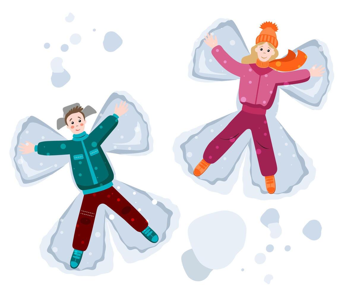 un chico y un niña mentira en el nieve y hacer nieve ángeles invierno dibujo en dibujos animados estilo. vector