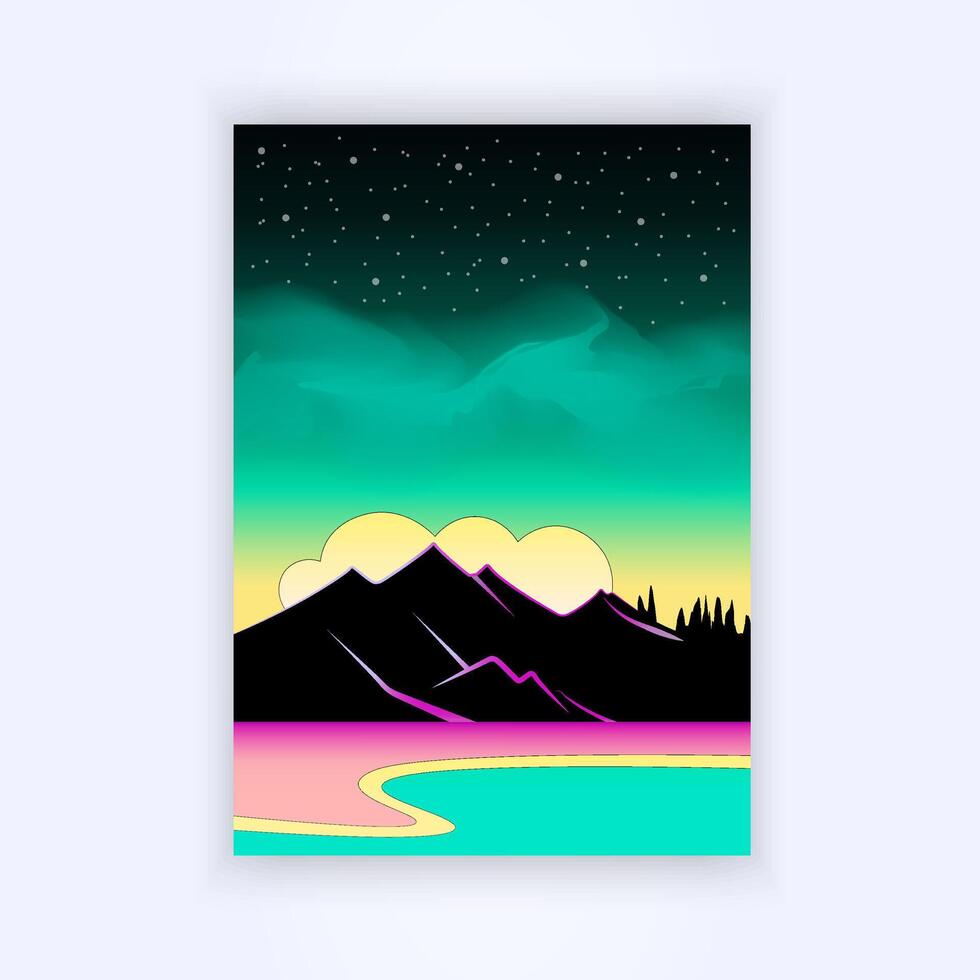 cover design background of mountains with dark colors and green sky, illustration vector