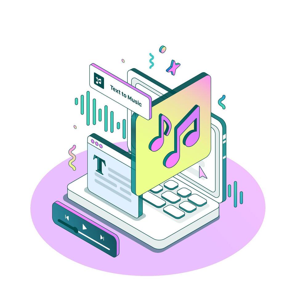 artificial inteligencia vueltas texto dentro música. isométrica minimalista estilo en diferente dimensiones. Servicio para generando audio. neural red hace melodías ilustración vector