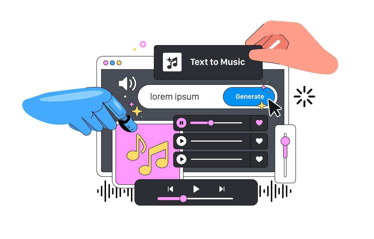 Artificial Intelligence big Layout illustration with Hands. Ai Robot hand Generate Music from the Text. Neural Network Robot makes Melody from Textual descriptions vector
