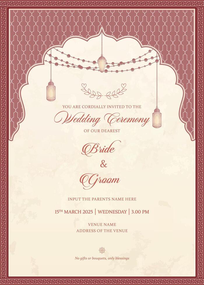 Islamic wedding invitation card with arch, lights, lanterns and border. Indian maroon frame design for wedding invitation card vecto illustration vector