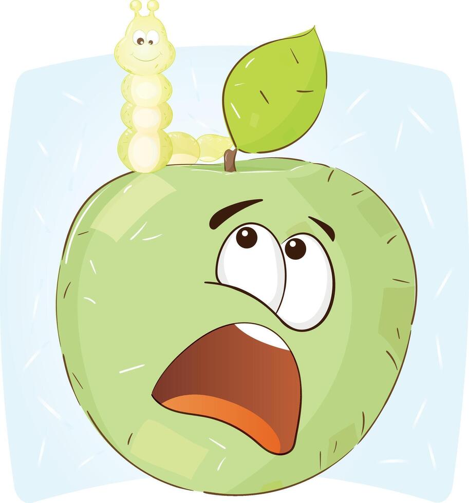 Cartoon Illustration of a Scared Apple with Smiling Caterpillar on Light Blue Background. Funny Food Characters. Illustration. vector