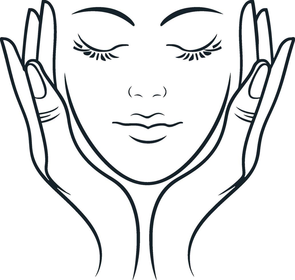 Woman's face with closed eyes and two hands vector