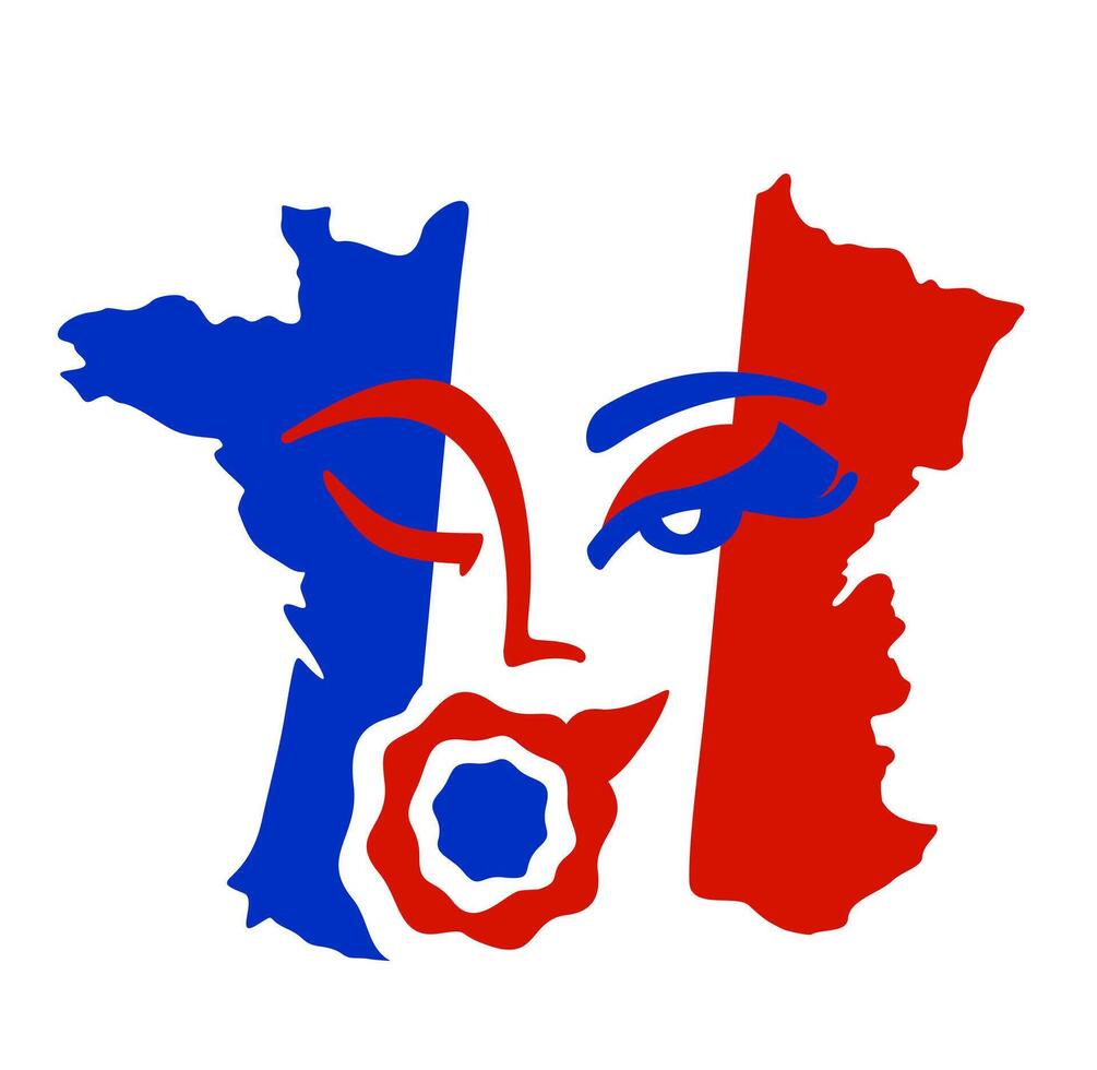 Map France in colors of french flag with smiling woman's face. Bright isolated illustration vector