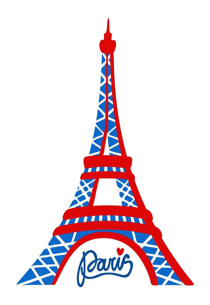 Eiffel tower in colors of french flag. Paris, France. Bright isolated illustration with lettering vector