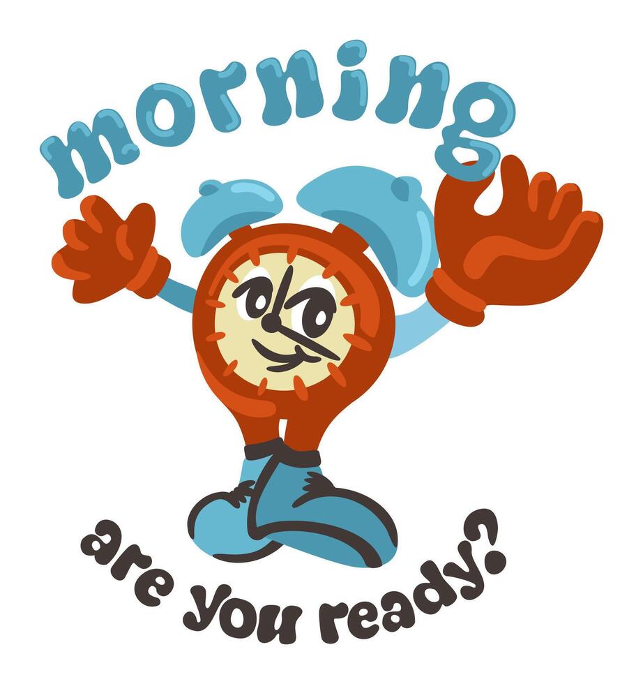 Alarm clock. Retro cartoon groovy illustration with lettering. Morning awakening concept vector