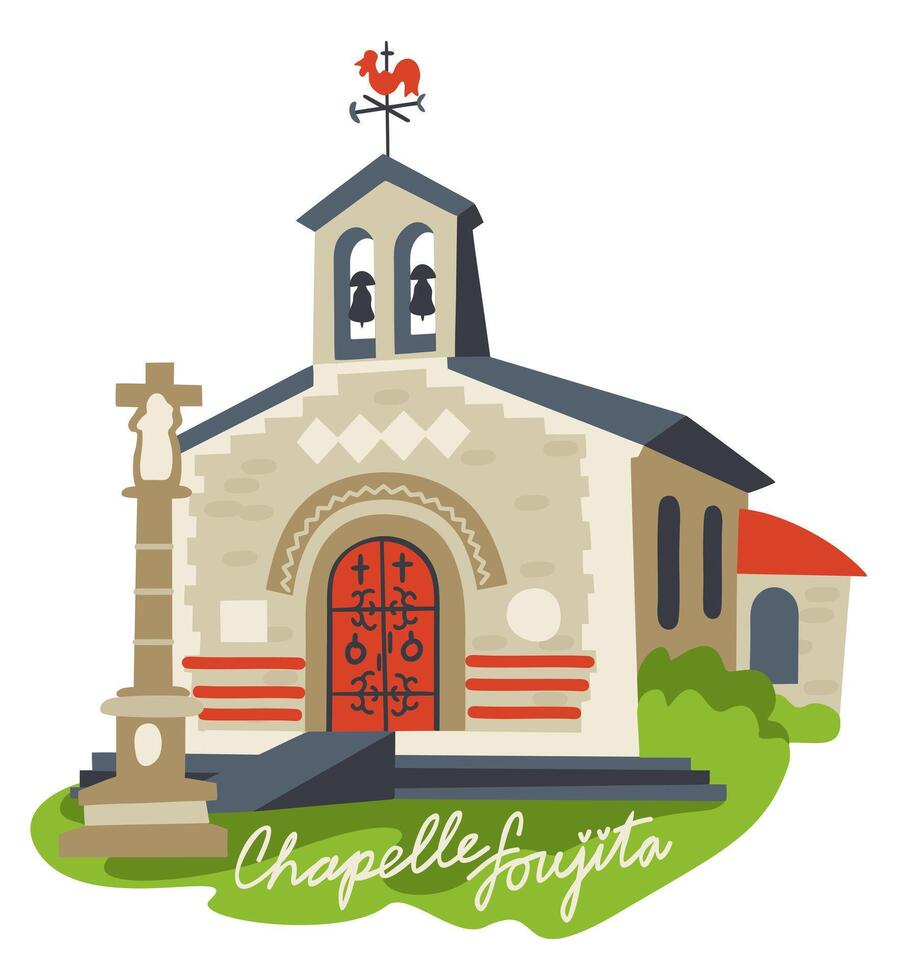 Foujita chapel. Region Champagne-Ardenne, France. isolated illustration with lettering vector