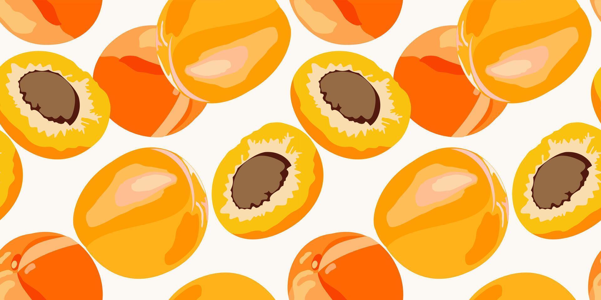 Simple seamless pattern with whole apricots ahd halfs on light background vector