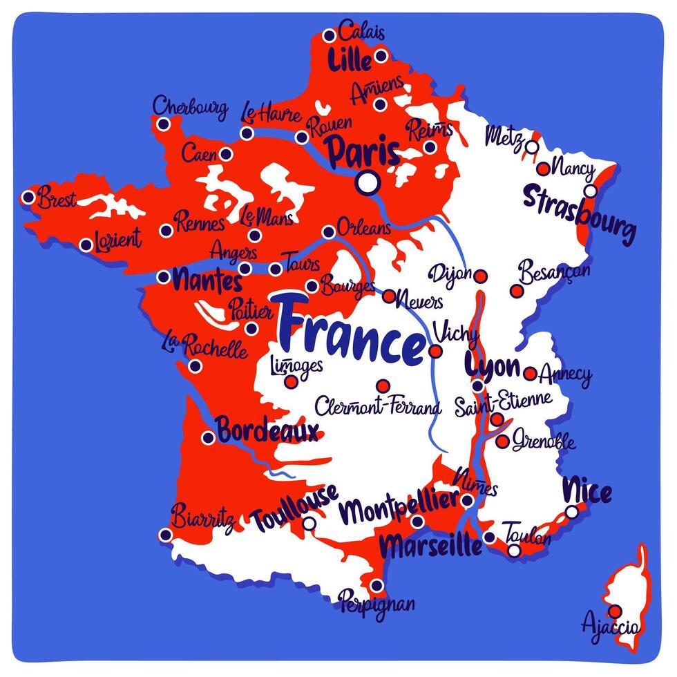 Map of France with cities. Bright illustration vector