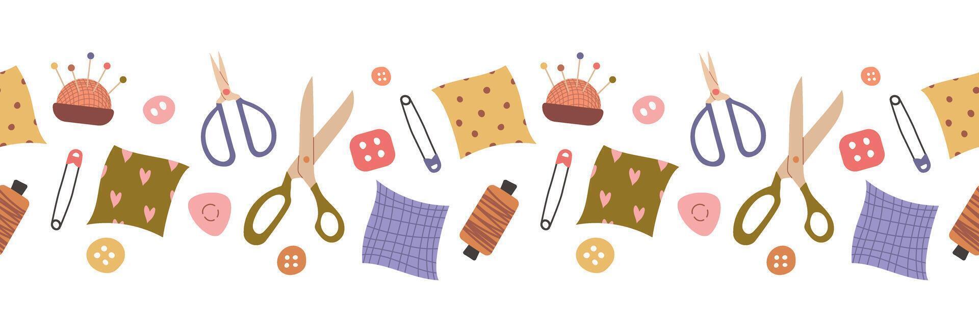 Sew a seamless border. Sewing accessories set. Modern illustration vector