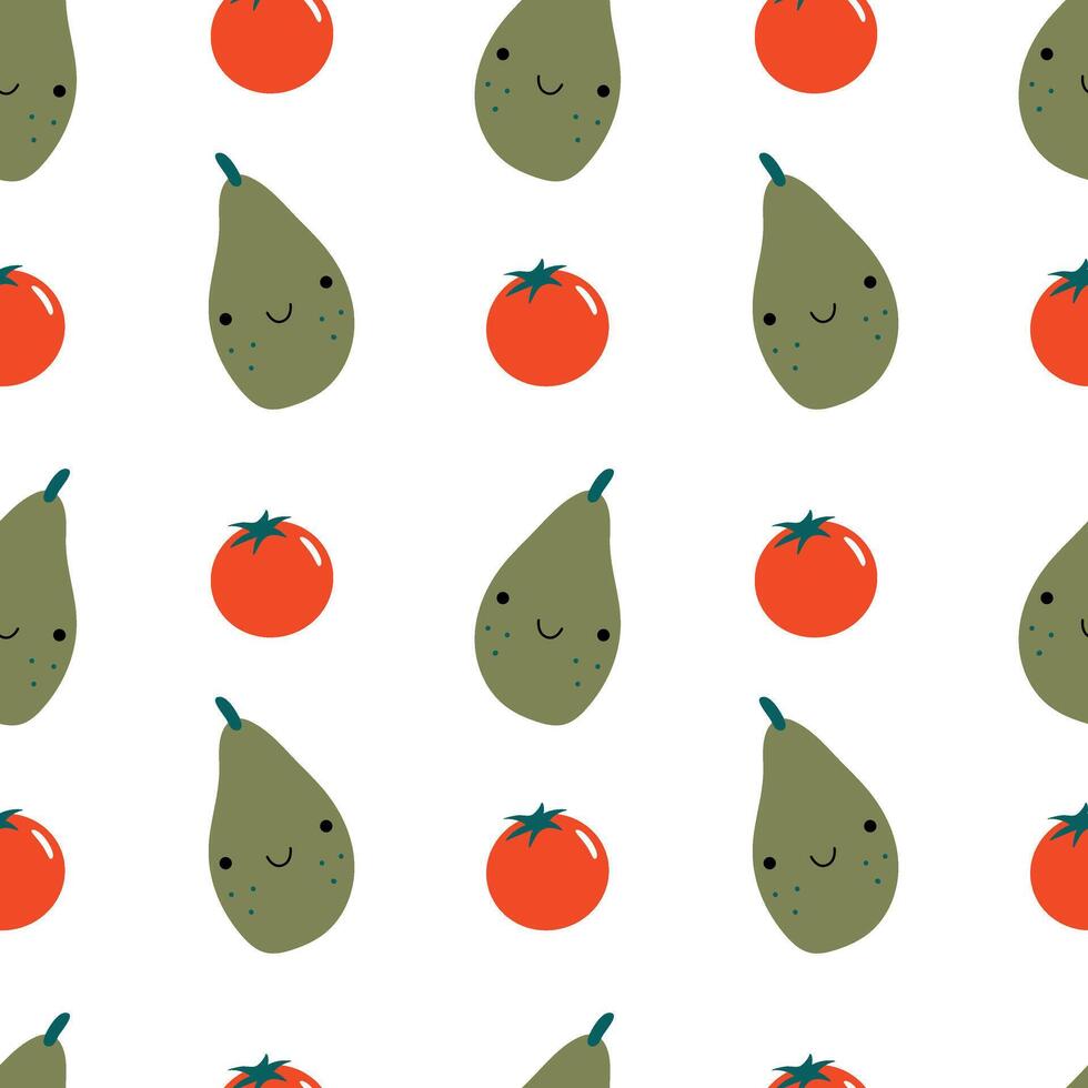 Cute avocado and tomato seamless pattern. For packaging, menu design, background, wrapping paper vector