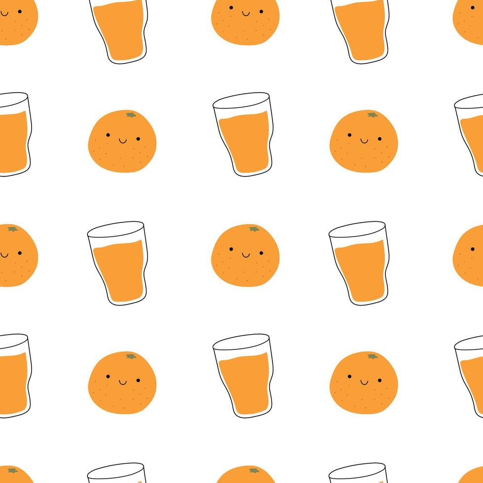 Orange juice seamless pattern. Kawaii orange and a glass of juice. Modern illustration vector