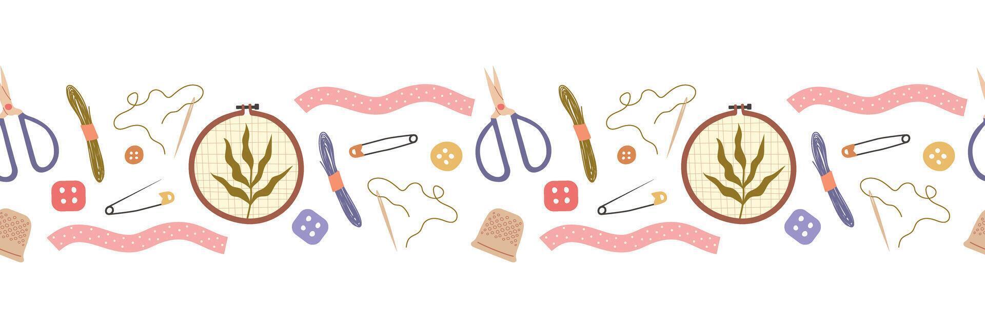 Embroidery seamless pattern. Hoop, floss, scissors, needles. illustration for your design vector
