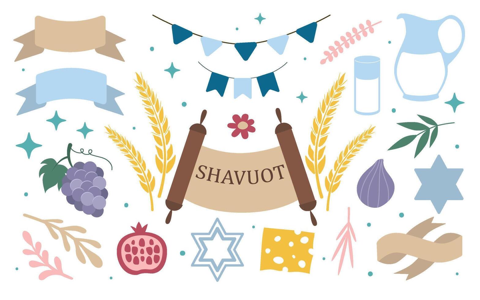 Holiday Shavuot set. Torah, fruit, milk, star of David. Isolated elements for your design vector