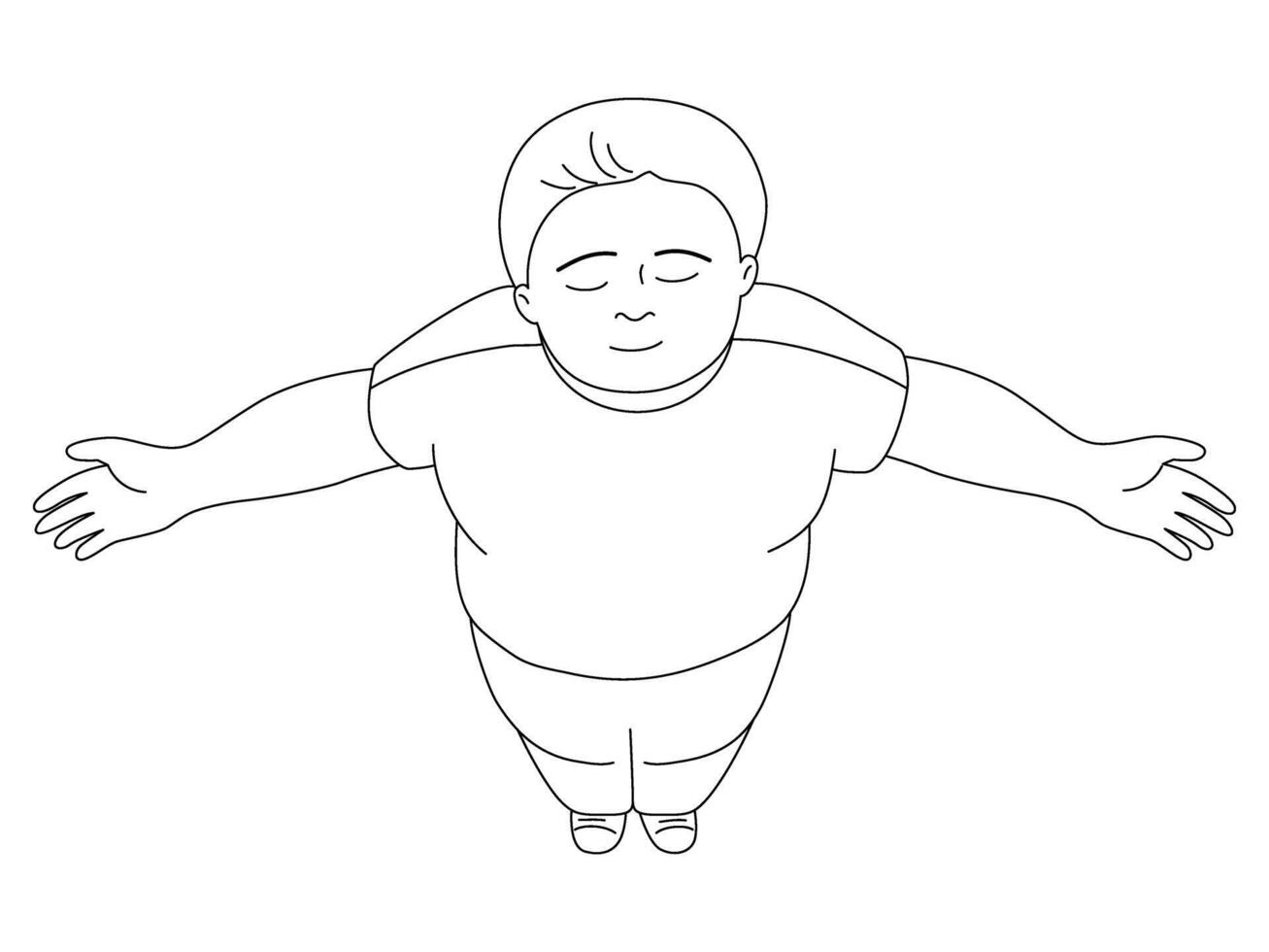 Top view of relax child boy with arms outstretched in out line drawing. vector