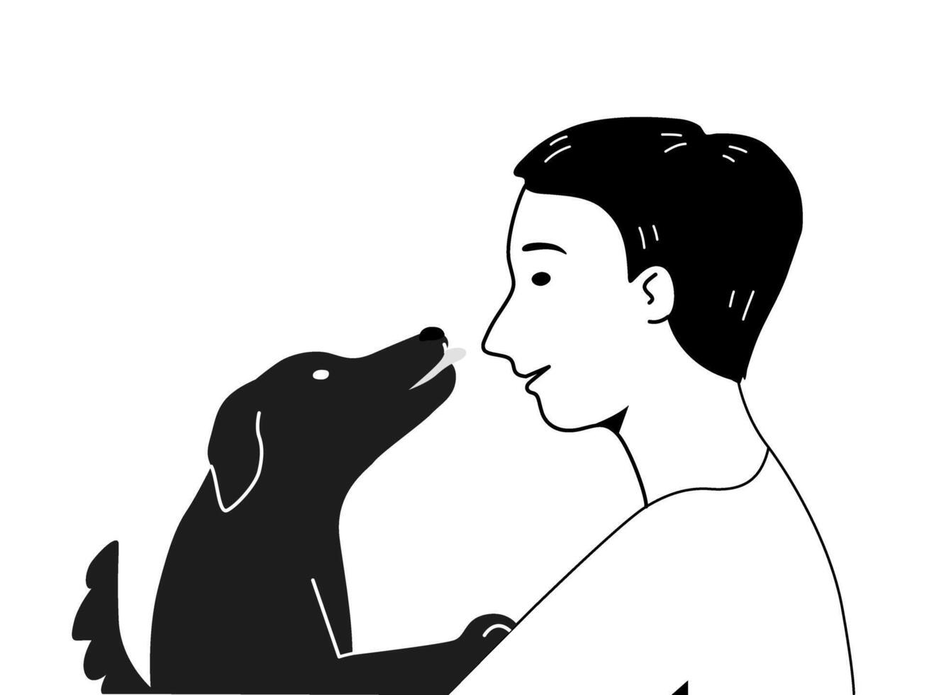 Hand drawn of a child boy with his dog in outline cartoon. vector