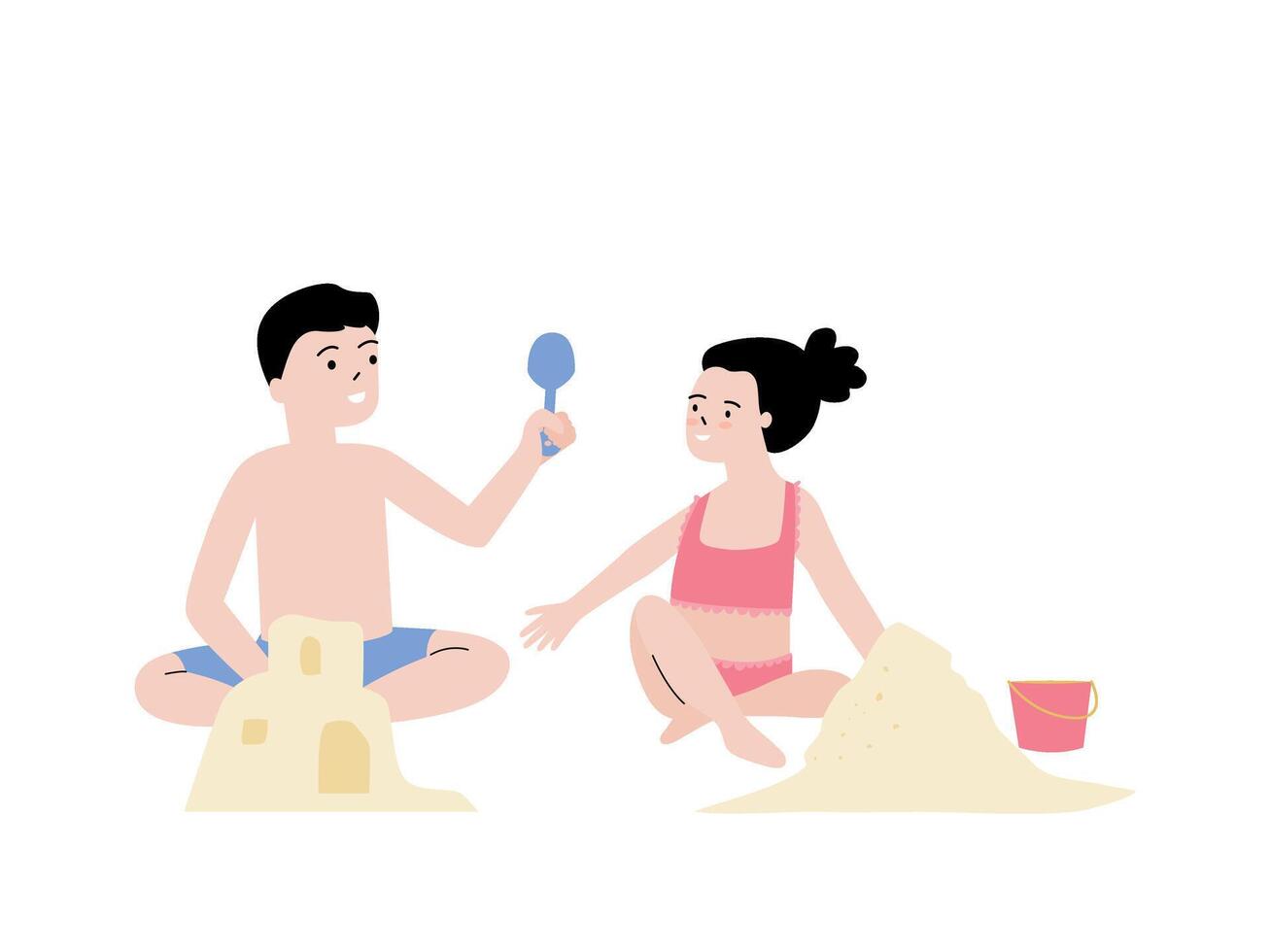 Boy and girl playing on the beach on summer holidays. Children building a sandcastle. vector