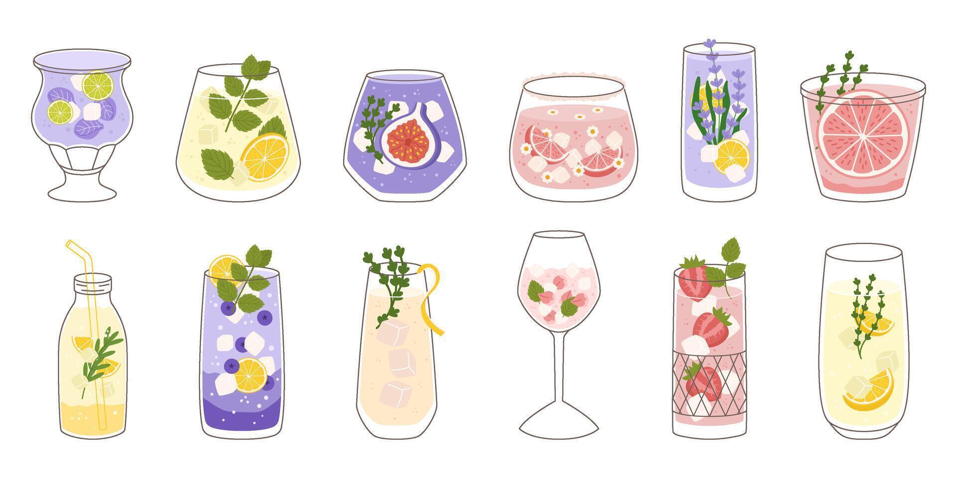 Collection with different taste lemonade and various of glasses shapes. Lemon and mint, fig fruit, strawberry and grapefruit. illustration in outline and flat color style. vector