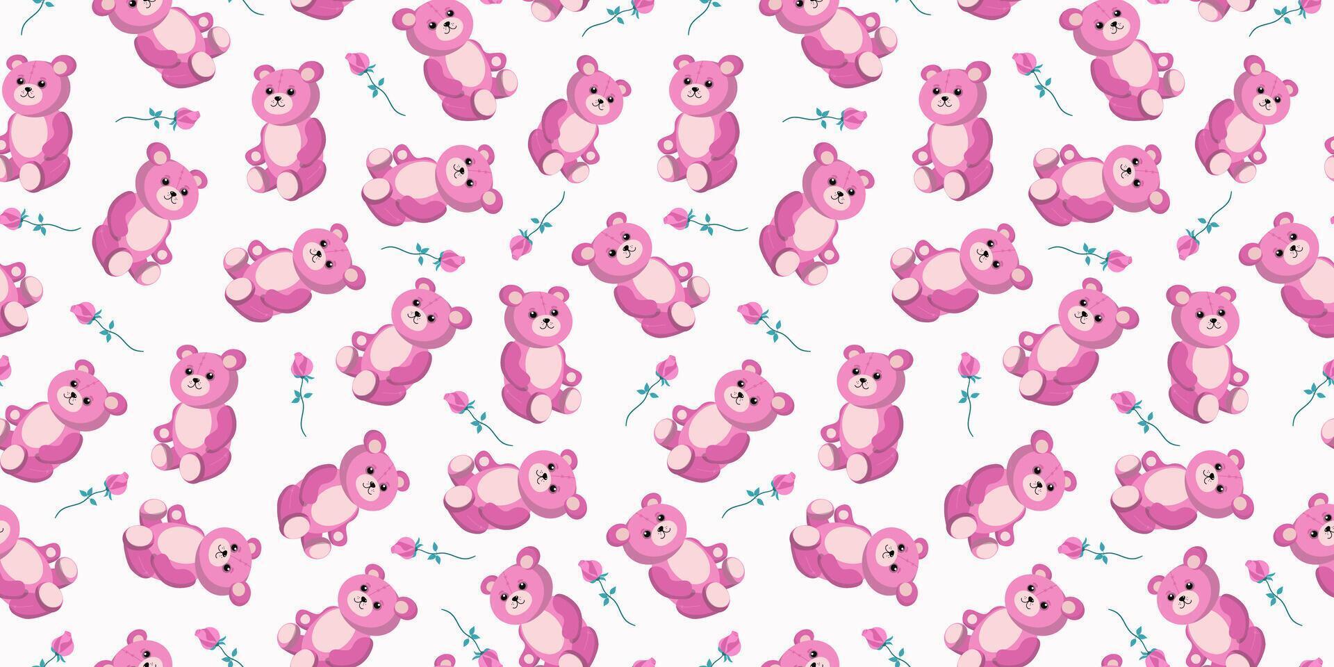 Cute toy pink bear and flower, rose. Pattern seamless. Teddy bear cartoon, soft toy Teddy. background vector