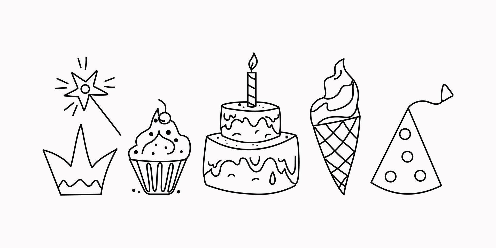 The food is sweet, dessert. Birthday. Cake with candle, ice cream. Set of cute icons, cartoon holiday attributes. Drawing, doodles. illustration, sketch. vector