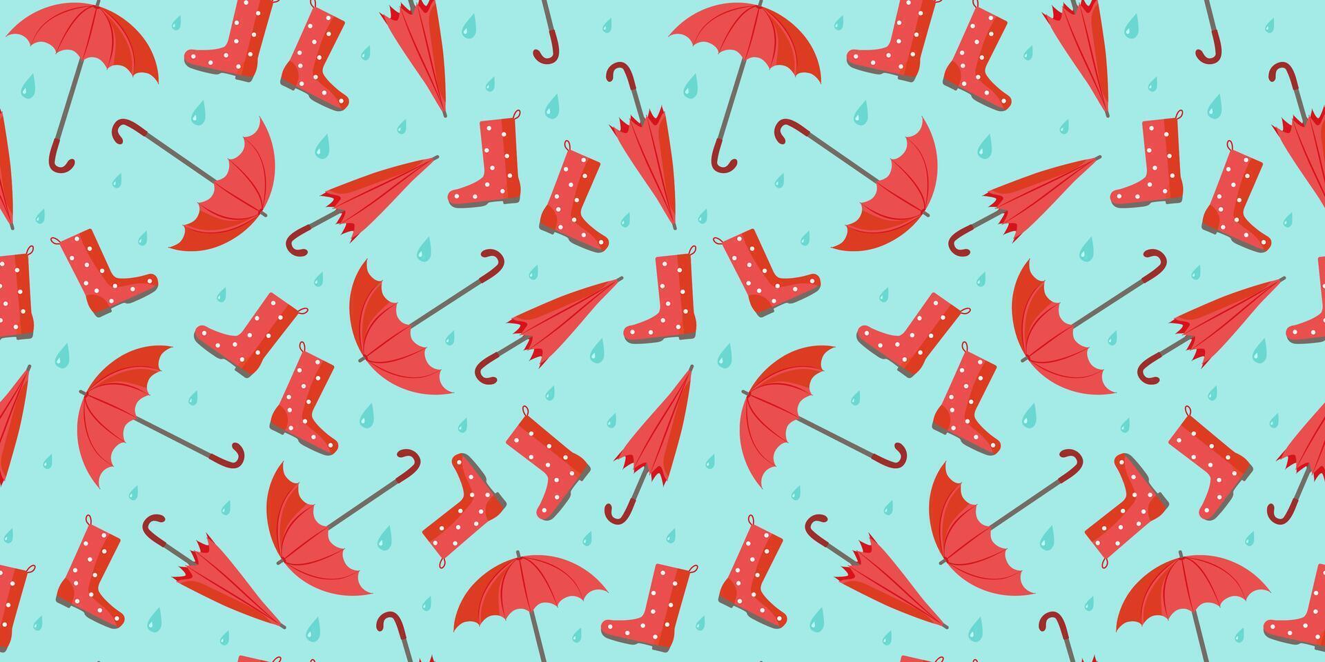 Red umbrella and raindrops. Open umbrella, shoes, rubber boots and closed umbrella. The pattern is seamless. Bright umbrella and raindrops. Rain season. Rainy weather. Flat style. background. vector