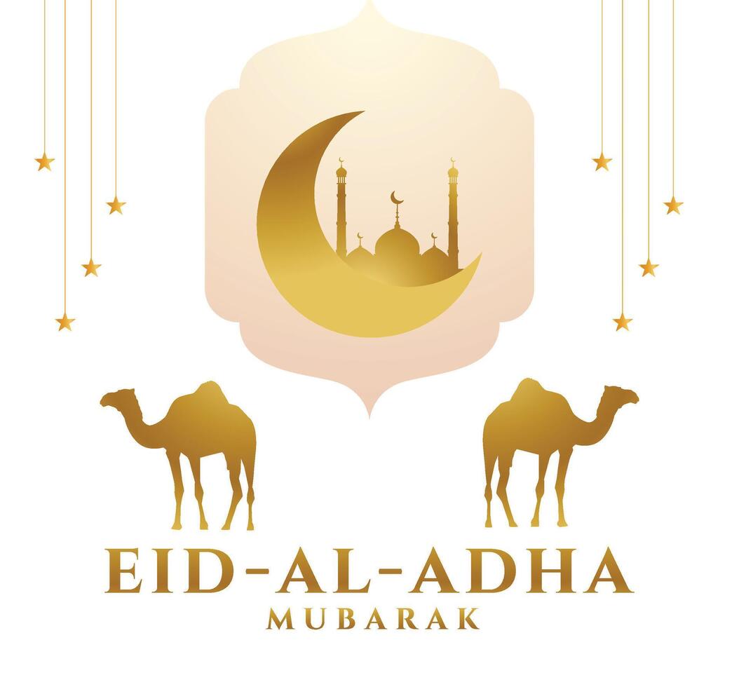 eid Alabama adha Mubarak fondo, bandera, saludo diseño con degradado oro color tema. silueta mezquita Cordero y camello. vector