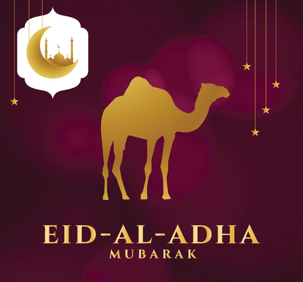 Eid Al Adha Mubarak design with camel, Mosque, Moon beautiful background vector